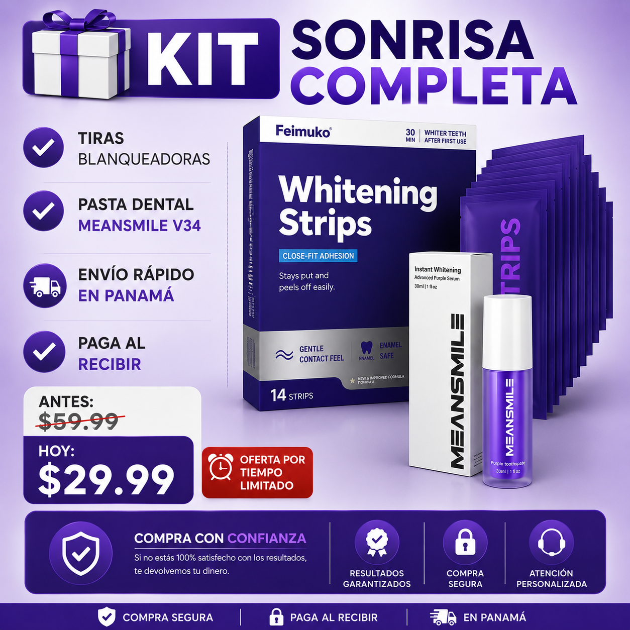 Tiras blanqueadoras de dientes moradas